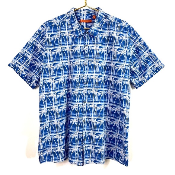 TORI Richard Tropical Palm Tree Short Sleeve Button Down Shirt in Blue Size XL - Picture 2 of 7